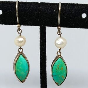 Handmade .925 Sterling Turquoise Pearl Dangle Earrings .925 Earrings x kalyjwls